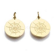 304 Stainless Steel Charms, with Jump Rings, Flat Round with Spider Web, for Halloween, Real 14K Gold Plated, 11.5x9.5x1mm, Jump Ring: 3.4x0.5mm, 2.4mm inner diameter(STAS-S116-365G)