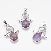 Natural Amethyst Pendants, Angel, with Brass Finding, Platinum, 34x25.5x6.5mm, Hole: 4x7mm