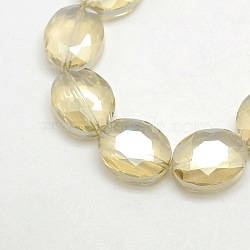 Faceted Electroplate Crystal Glass Oval Beads Strands, Rainbow Color Plated, Light Goldenrod Yellow, 20x16x8mm, Hole: 1mm, about 35pcs/strand, 27.5 inch(EGLA-F059B-01)