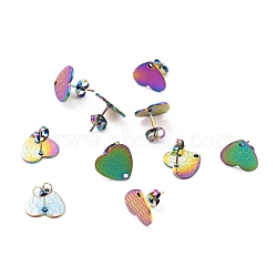 Ion Plating(IP) 304 Stainless Steel Stud Earring Findings, with Ear Nuts, Textured Heart, Rainbow Color, 12x13mm, Hole: 1.5mm, Pin: 0.7mm(STAS-I183-06B-M)