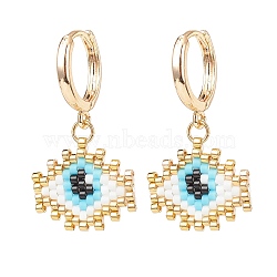 Japanese Seed Braided Rhombus with Evil Eye Dangle Hoop Earrings, Golden Brass Jewelry for Women, Eye Pattern, 32mm, Pin: 1mm(EJEW-MZ00002-02)