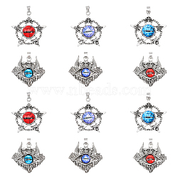 12Pcs 6 Style Glass Pendants, with Antique Silver Plated Alloy Findings, Star & Skull with Evil Eye, Mixed Color, 37.5~47x39~44x6~9mm, Hole: 6~7x4mm, 2pcs/style(FIND-CA0006-94)