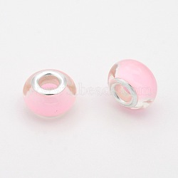 Large Hole Resin European Beads, with Silver Tone Brass Cores, Rondelle, Pearl Pink, 14x9mm, Hole: 5mm(RPDL-J004-03)