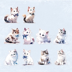 10Pcs 10 Styles Waterproof PET Stickers Set, Decorative Stickers, Animal Forest Series, Cat, White, 63~66x47~70x0.1mm, 1pc/style(DIY-M002-01A)