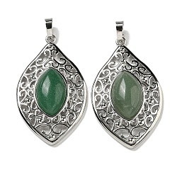 Natural Green Aventurine Pendants, Rack Plating Brass Hollow Horse Eye Charms, Cadmium Free & Lead Free, Platinum, 48x28.5x8.5mm, Hole: 7.5x5mm(G-Q158-02F)