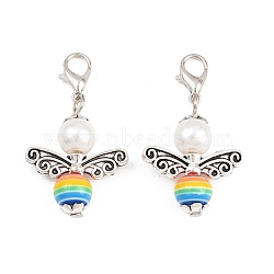 Alloy & Glass Pearl & Resin Pendants Decorations, with Alloy Lobster Claw Clasps, Angel, Antique Silver & Platinum, 55mm(HJEW-AL0057)