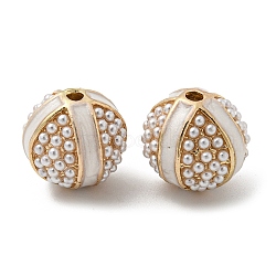 Alloy Enamel Beads, with ABS Plastic Imitation Pearl, Round, Golden, White, 13mm, Hole: 2mm(FIND-E044-28G-02)