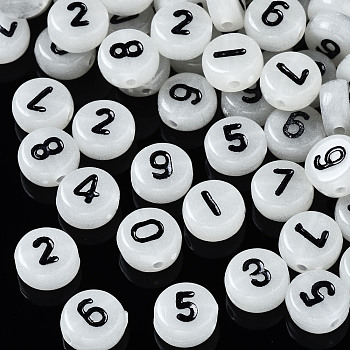 Luminous Acrylic Beads, Flat Round with Number, Creamy White, 7x3.5~4mm, Hole: 1.2mm