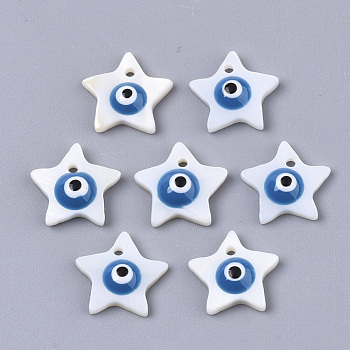 Natural Freshwater Shell Charms, with Enamel, Star with Evil Eye, Dodger Blue, 10x10x3mm, Hole: 1mm