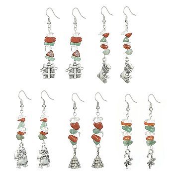 Christmas Theme Tibetan Style Alloy Dangle Earrings with Brass Pins, Natural Red Jasper & Green Aventurine & Glass Beaded Earrings, Mixed Shapes, 66~68x9~16mm
