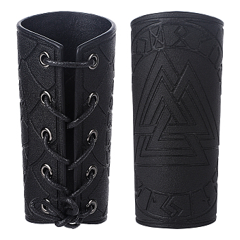 Adjustable PU Leather Cord Bracelet with Wax Cord, Rune Words Odin Norse Viking Amulet Gauntlet Wristband, Cuff Wrist Guard for Men, Black, 7-1/4 inch(18.5cm)