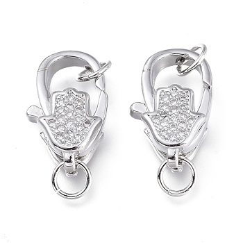 Brass Micro Pave Clear Cubic Zirconia Lobster Claw Clasps, with Jump Rings, Long-Lasting Plated, Hamsa Hand/Hand of Fatima /Hand of Miriam, Platinum, 17x10.5x5.9mm, Hole: 3.5mm