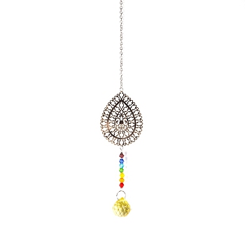 Glass Round Pendant Decoration, Hanging Suncatchers, with Metal Link and Glass Bead, for Home Decoration, Teardrop, 350~400mm