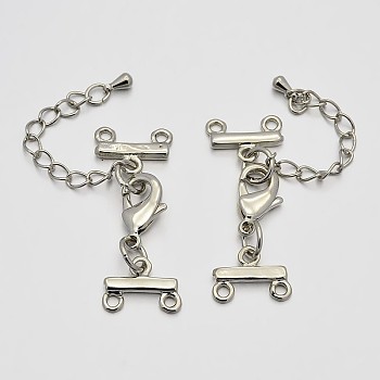 Brass Chain Extenders, Necklace Layering Clasps, with 2 Strands 4-Hole Ends and Lobster Claw Clasps, Platinum, 41mm, Hole: 1.5mm