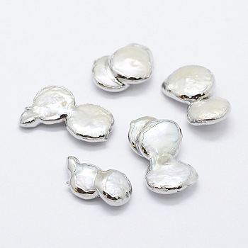 Natural Cultured Freshwater Pearl Beads, Edge Platinum Plated, Nuggets, White, 22~24x12~15x6~8mm, Hole: 0.5mm
