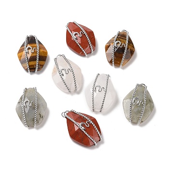 Natural Mixed Gemstone Pendants, Faceted Rhombus Charm, with 304 Stainless Steel Snake Findings, Mixed Dyed and Undyed, Stainless Steel Color, 34.5~35.5x22.5x10~10.5mm, Hole: 2.5mm