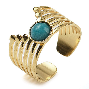 Natural Amazonite Finger Rings, 304 Stainless Steel Multi-layer Open Cuff Rings, Real 18K Gold Plated, 13.5mm, Adjustable