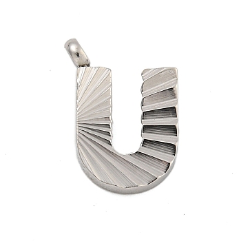 304 Stainless Steel Charms, Handmade Engrave Figure, Full Polished, Stainless Steel Color, Letter U, 14x9.5x2mm, Hole: 1.8mm