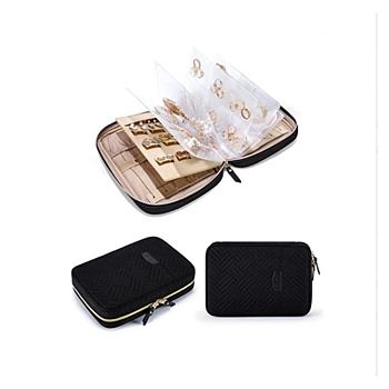 Rectangle Velvet Jewelry Box, Travel Portable Jewelry Case, Zipper Storage Boxes, for Necklaces, Rings, Earrings and Pendants, Black, 17x24.3x5cm