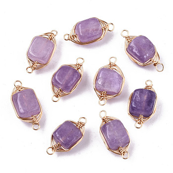 Natural Agate Links Connectors, Light Gold Tone Brass Wire Wrapped, Cube, Plum, 17x8.5x7mm, Hole: 1.6mm