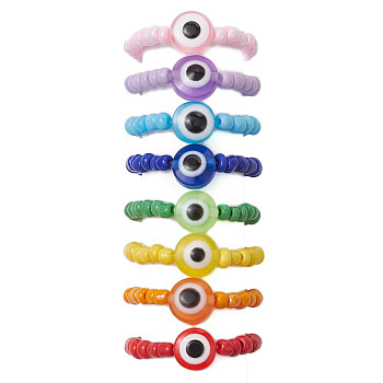 Glass Seed Beads Stretch Rings, Resin Evil Eye Ring for Women, Mixed Color, 7~8mm, Inner Diameter: 20mm, 8pcs/set