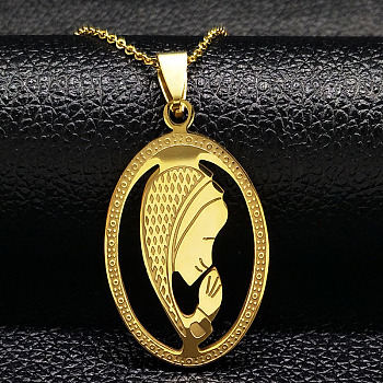 304 Stainless Steel Pendant Necklaces, Oval with Virgin Mary charms, Golden, 20.00 inch(50.8cm)