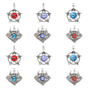 12Pcs 6 Style Glass Pendants, with Antique Silver Plated Alloy Findings, Star & Skull with Evil Eye, Mixed Color, 37.5~47x39~44x6~9mm, Hole: 6~7x4mm, 2pcs/style