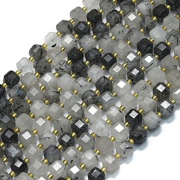 Natural Tourmalinated Quartz Beads Strands, with Seed Beads, Faceted Table Cut Cube, 8x8x8mm, Hole: 0.6mm, about 38pcs/strand, 15.35''(39cm)