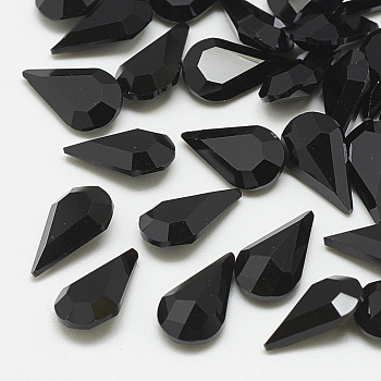 Pointed Back Glass Rhinestone Cabochons, Faceted, teardrop, Jet, 10x6x3mm