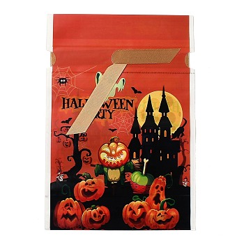 Halloween Creative Drawstring Pockets, for Halloween Party Favor Supplies Halloween Party Bags, Rectangle with Haunted House & Ghos & Pumpkin, Orange, 22.3x15.1cm, about 45~50pcs/bag