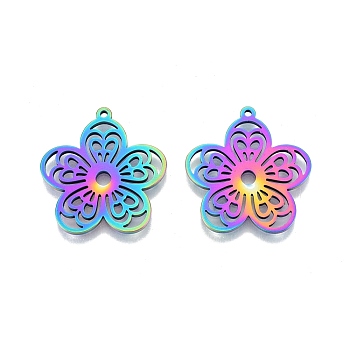 Ion Plating(IP) 18K 201 Stainless Steel Pendants, Flower, Rainbow Color, 27x25.5x1.5mm, Hole: 1.4mm