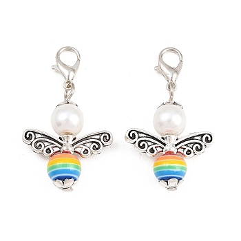 Alloy & Glass Pearl & Resin Pendants Decorations, with Alloy Lobster Claw Clasps, Angel, Antique Silver & Platinum, 55mm