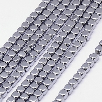 Electroplate Non-magnetic Synthetic Hematite Beads Strands, Cube, Grade A, Platinum Plated, 4x4x4mm, Hole: 1mm, about 100pcs/strand, 16 inch