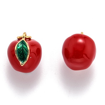 Brass Enamel Charms, with Jump Ring, Long-Lasting Plated, Real 18K Gold Plated, Apple, Red, 12x11x9.6mm, Hole: 2.8mm