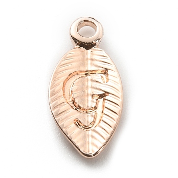 Alloy Pendants, Leaf with Letter Charm, Rose Gold, Letter.G, 15.5x7.5x2.5mm, Hole: 1.5mm