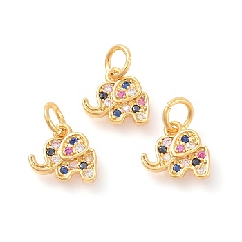 Brass Micro Pave Cubic Zirconia Charms, Elephant, Colorful, Golden, 10x11x2mm, Hole: 4mm