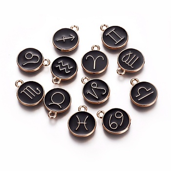 Double-sided Alloy Enamel Pendants, Flat Round with Twelve Constellations, Light Gold, Black, 15x12.5x2mm, Hole: 1.5mm, 12pcs/set