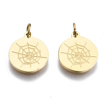 304 Stainless Steel Charms, with Jump Rings, Flat Round with Spider Web, for Halloween, Real 14K Gold Plated, 11.5x9.5x1mm, Jump Ring: 3.4x0.5mm, 2.4mm inner diameter