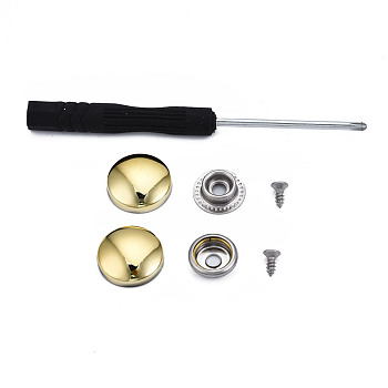 DIY Clothing Button Accessories Set, include 6Pcs Brass Craft Solid Screw Rivet, with Stainless Steel Findings and Plastic, Flat Round, and 1Pc Iron Cross Head Screwdriver, with Plastic Handles, Golden, 18.5x15mm