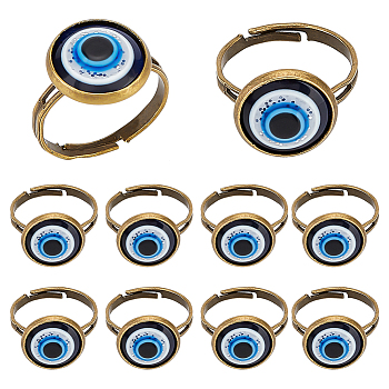 10Pcs Plastic Evil Eye Adjustable Rings Set, Iron Lucky Jewelry for Women, Antique Bronze, US Size 7 1/2(17.7mm)