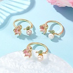 3Pcs 3 Colors Lotus Brass Enamel Cuff Open Rings, with Grade 3A Natural Cultured Freshwater Pearl Beads, Real 18K Gold Plated, Mixed Color, 18mm, 1pc/color(RJEW-JR01000)