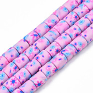 Handmade Polymer Clay Bead Strands, Column with Flower, Violet, 6x5mm, Hole: 1mm, about 63~64pcs/strand, 15.75 inch~15.94 inch(40cm~40.5cm)(X-CLAY-T020-10D)