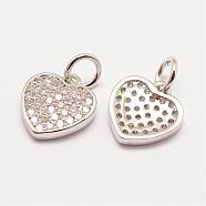 Brass Micro Pave Grade AAA Cubic Zirconia Charms, Long-Lasting Plated, Heart, Cadmium Free & Nickel Free & Lead Free, Real Platinum Plated, 11x10x2mm, Hole: 3mm(ZIRC-G090-25P-NR)