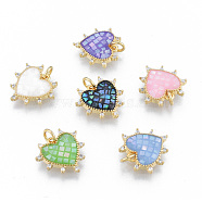 Brass Micro Pave Clear Cubic Zirconia Pendants, with Jump Rings and Shell, Enamel, Real 18K Gold Plated, Nickel Free, Heart, Mixed Color, 15.5x15.5x3mm, Jump Ring: 5x1mm, 3mm inner diameter(KK-N227-99)