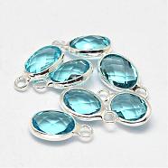 Oval Faceted Silver Color Plated Brass Glass Charms, Light Sky Blue, 12x7x3.5mm, Hole: 1mm(GLAA-O015-19S)