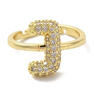 Rack Plating Letter Brass Micro Pave Clear Cubic Zirconia Adjustable Rings for Women, Real 18K Gold Plated, Letter J, 14.5x8mm, Inner Diameter: 17mm(KK-S391-03G-J)