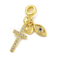 Rack Plating Brass Micro Pave Cubic Zirconia Pendants, Long-Lasting Plated, Cadmium Free & Lead Free, Cross with Heart & Eye, Real 18K Gold Plated, 33mm(KK-I718-06G)