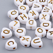 Electroplate Opaque Acrylic Beads, Horizontal Hole, Heart with Mixed Golden Letters, White, 7x7x4mm, Hole: 1.5mm(X-MACR-S273-38)