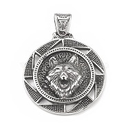 304 Stainless Steel Pendants, Flat Round with Wolf Pattern, Antique Silver, 44x40x11mm, Hole: 4.5x8mm(STAS-G303-13AS)