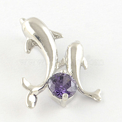 Dolphin Real Platinum Plated Brass Cubic Zirconia Pendants, 19x14x4mm, Hole: 4x2.5mm(ZIRC-R014-31)